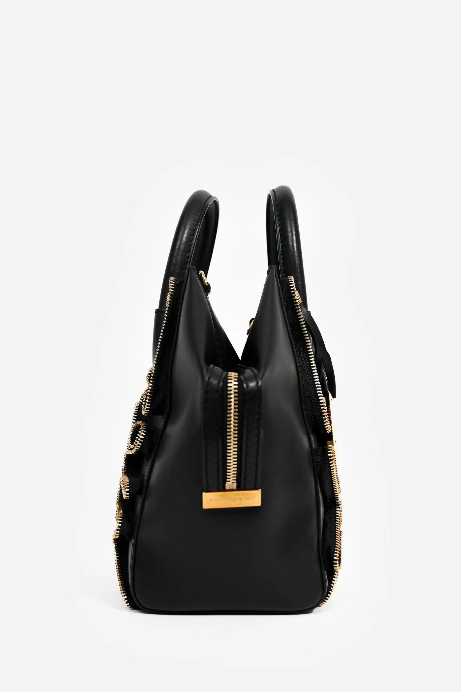 Stella McCartney Black Vegan Leather Gold Zipper 'Cavendish' Top Handle Bag with Strap