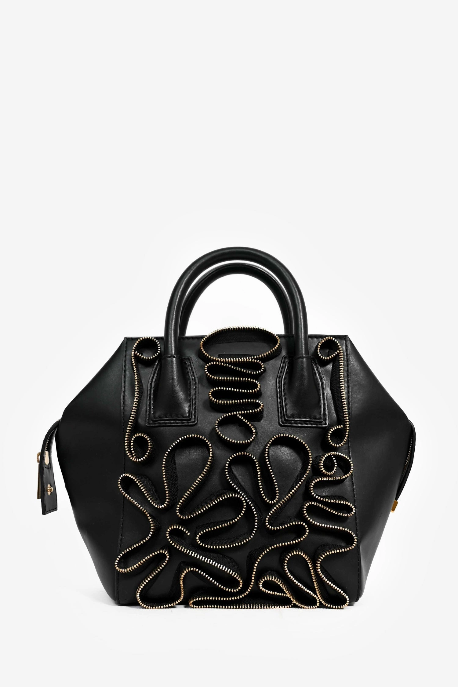 Stella McCartney Black Vegan Leather Gold Zipper 'Cavendish' Top Handle Bag with Strap