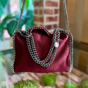 STELLA MCCARTNEY Fallabella Mini Burgundy Eco Shaggy Deer Chain Tote Bag