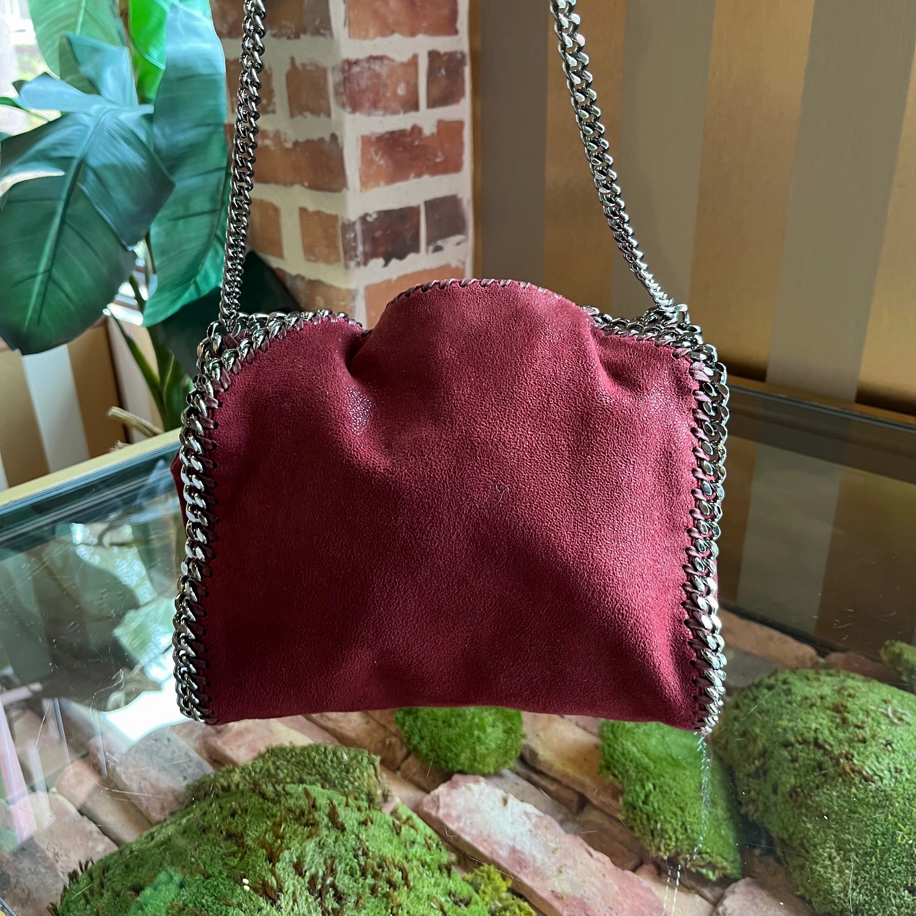 STELLA MCCARTNEY Fallabella Mini Burgundy Eco Shaggy Deer Chain Tote Bag