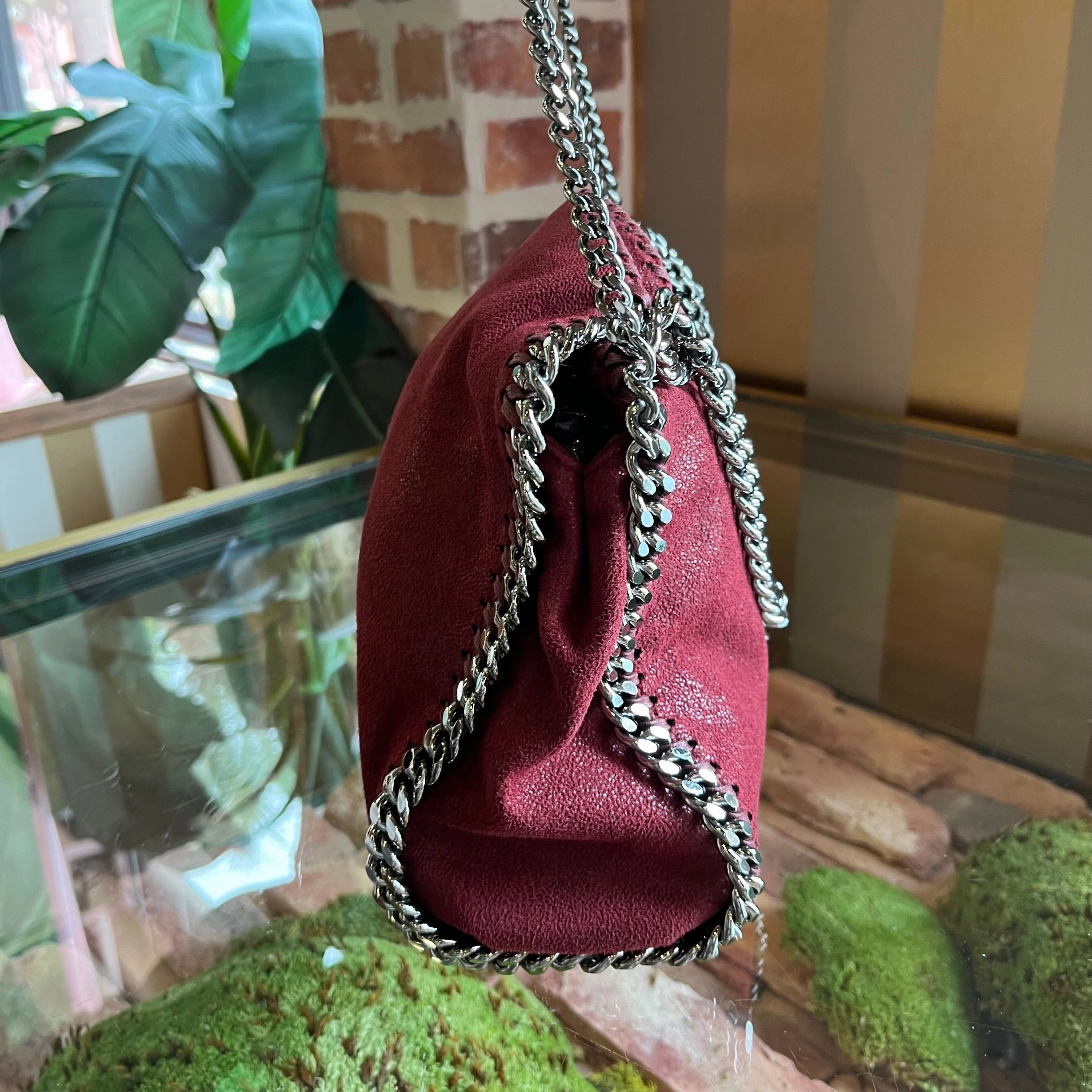 STELLA MCCARTNEY Fallabella Mini Burgundy Eco Shaggy Deer Chain Tote Bag