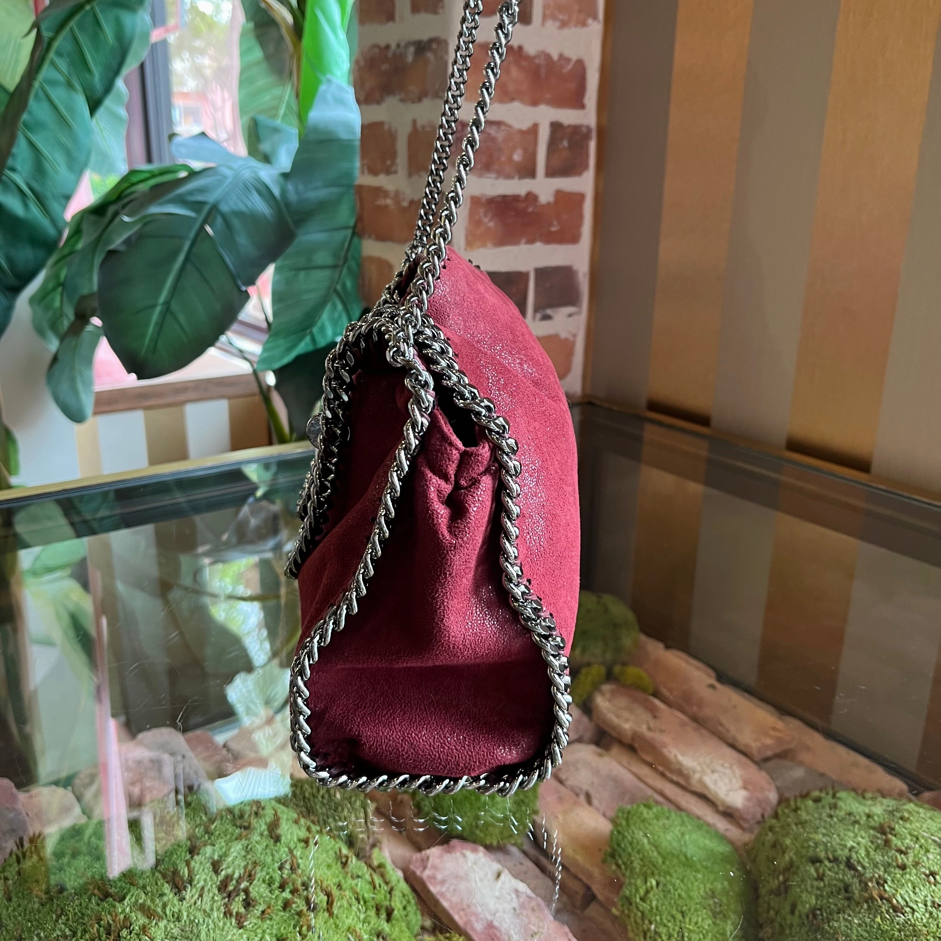 STELLA MCCARTNEY Fallabella Mini Burgundy Eco Shaggy Deer Chain Tote Bag