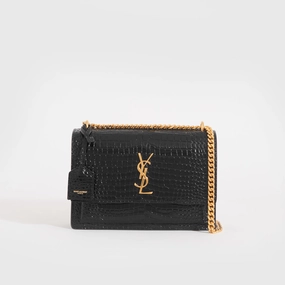 Sunset Medium Croc-Effect Leather Shoulder Bag in Black