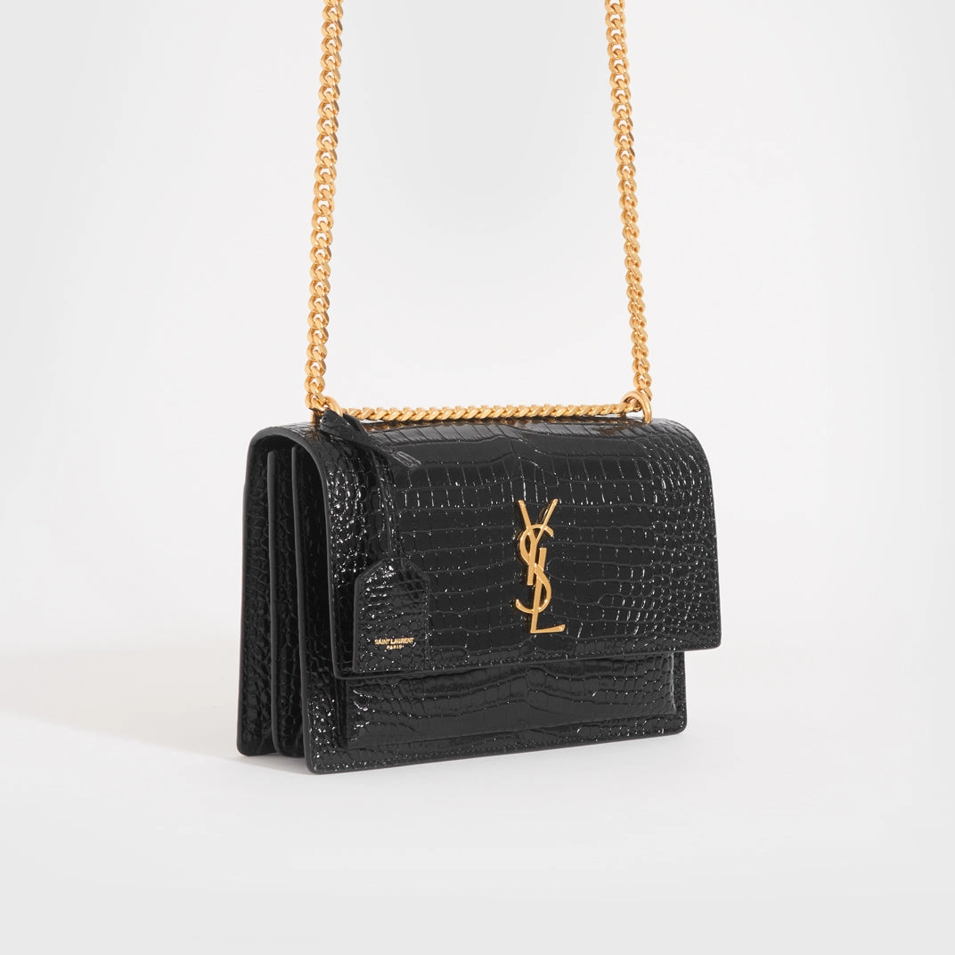 Sunset Medium Croc-Effect Leather Shoulder Bag in Black