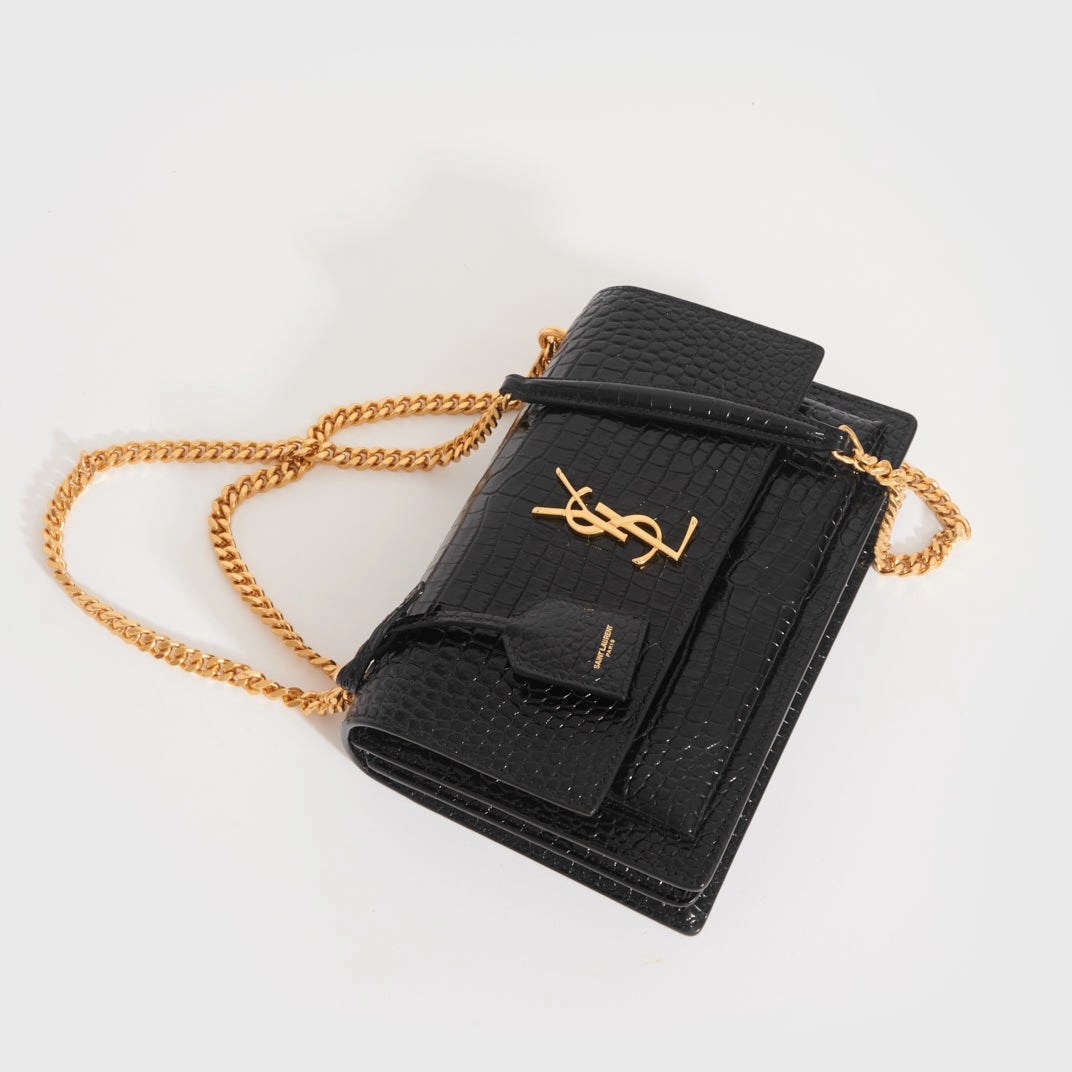 Sunset Medium Croc-Effect Leather Shoulder Bag in Black