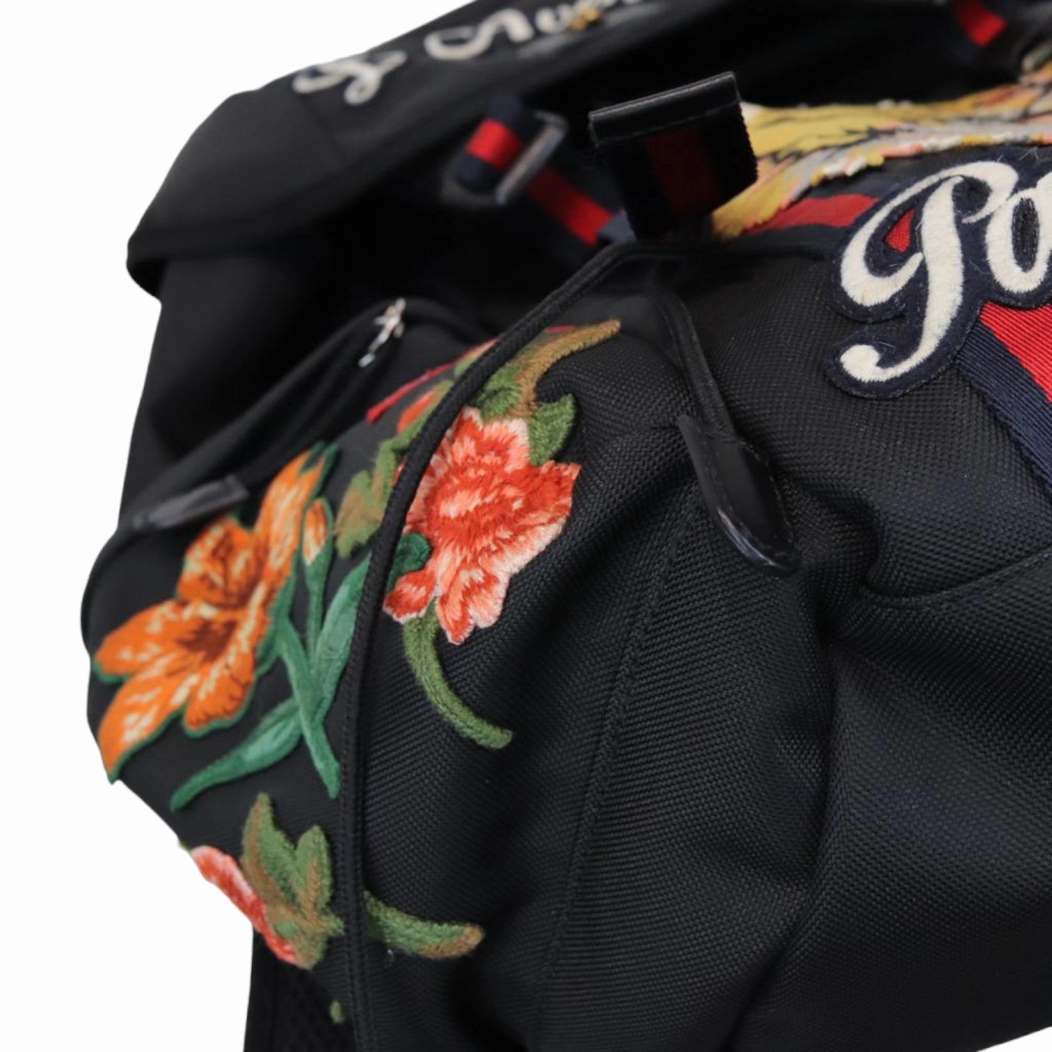 Techno Canvas Embroidered Double Buckle Backpack Black
