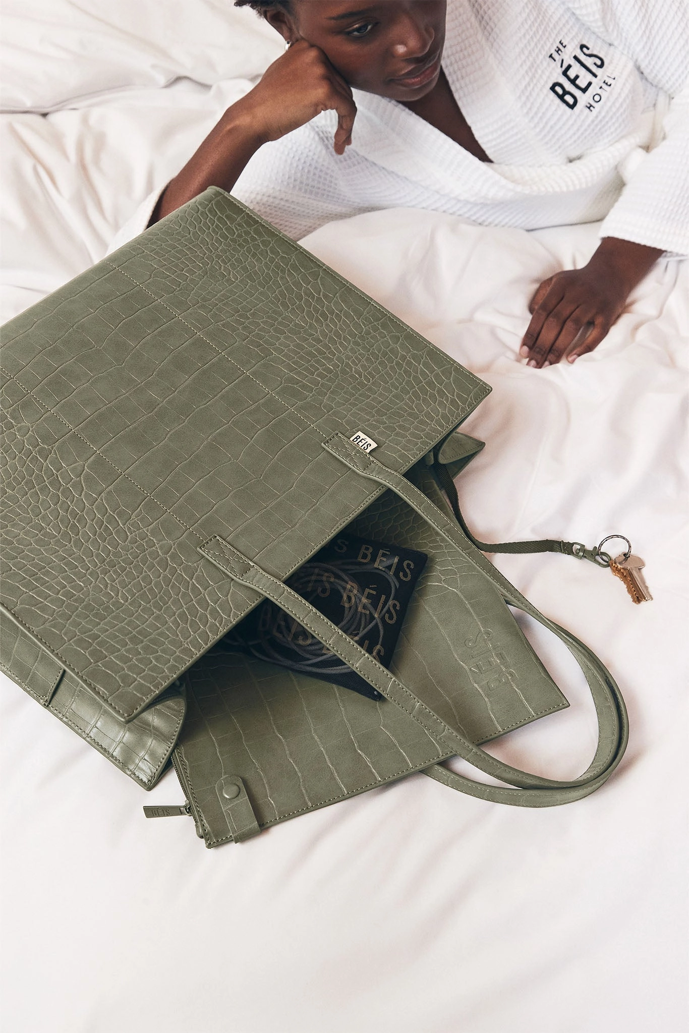 The Large Work Tote in Olive Croc