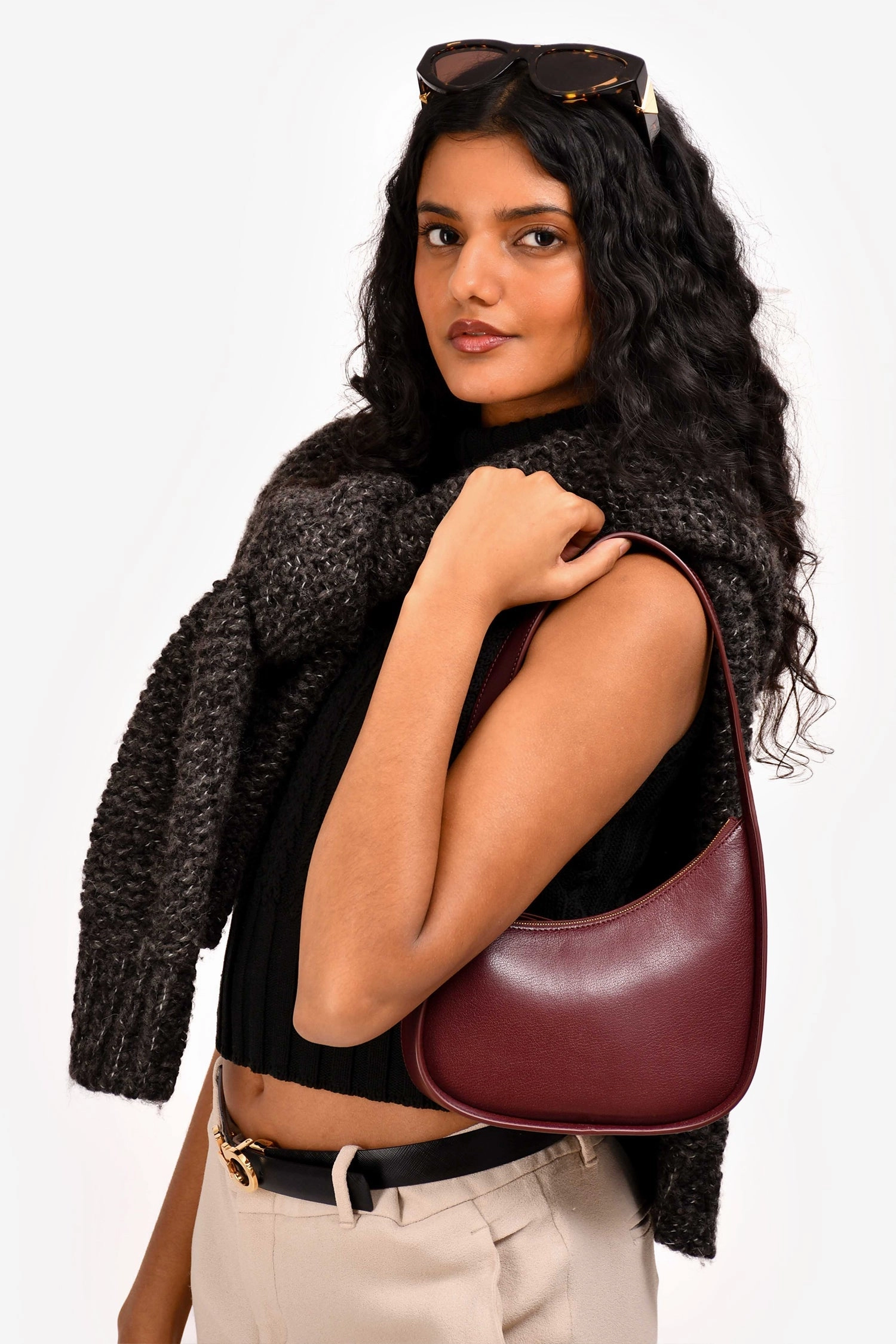 The Row Burgundy Leather 'Half Moon' Bag