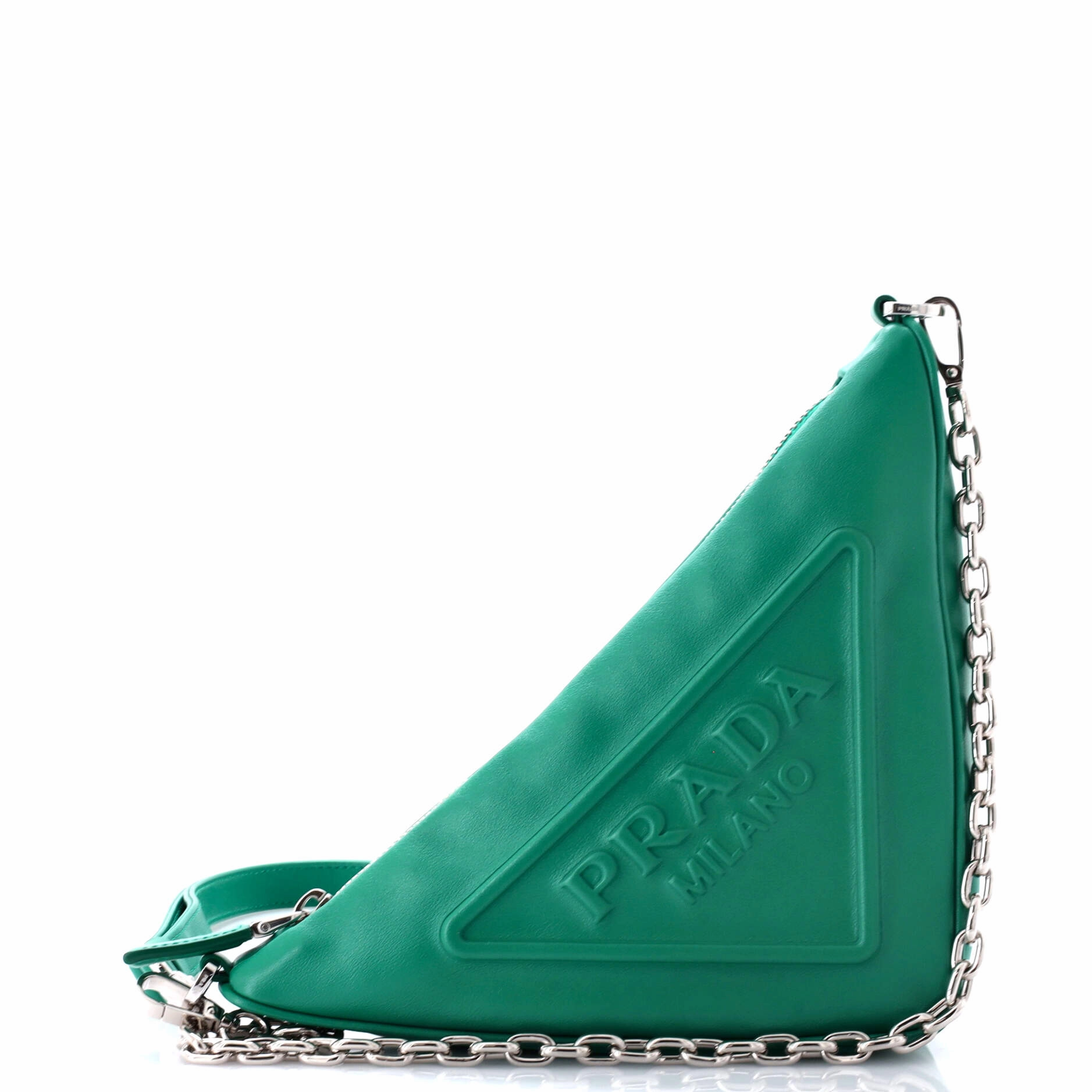 Triangle Logo Zip Chain Crossbody Bag Embossed Leather Small
