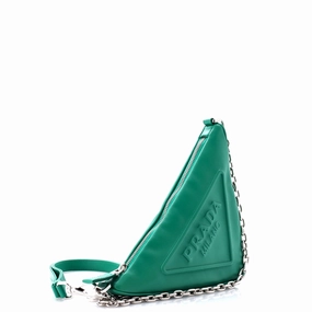 Triangle Logo Zip Chain Crossbody Bag Embossed Leather Small