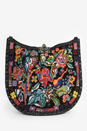 Valentino 2018 Black Leather Multicolour Beaded Guitar Crossbody Bag