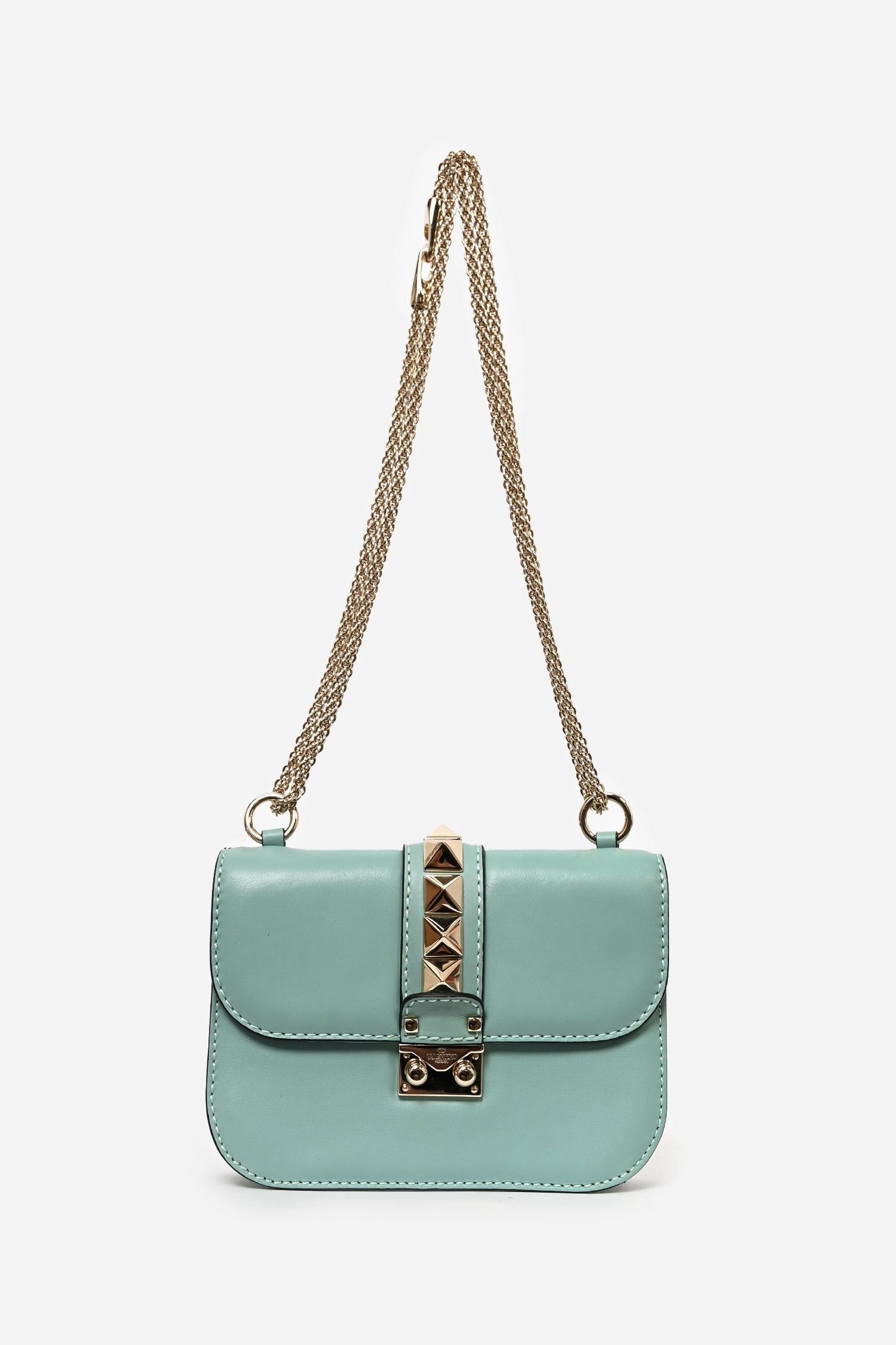 Valentino Teal Blue Leather Small Rockstud Glam Lock Shoulder Bag