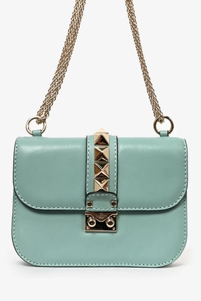 Valentino Teal Blue Leather Small Rockstud Glam Lock Shoulder Bag