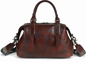 Vintage brown leather tote with embroidered strap on shoulder strap, top handle