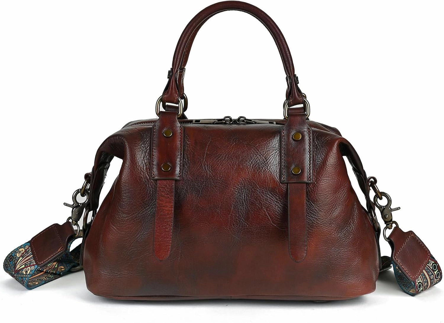 Vintage brown leather tote with embroidered strap on shoulder strap, top handle