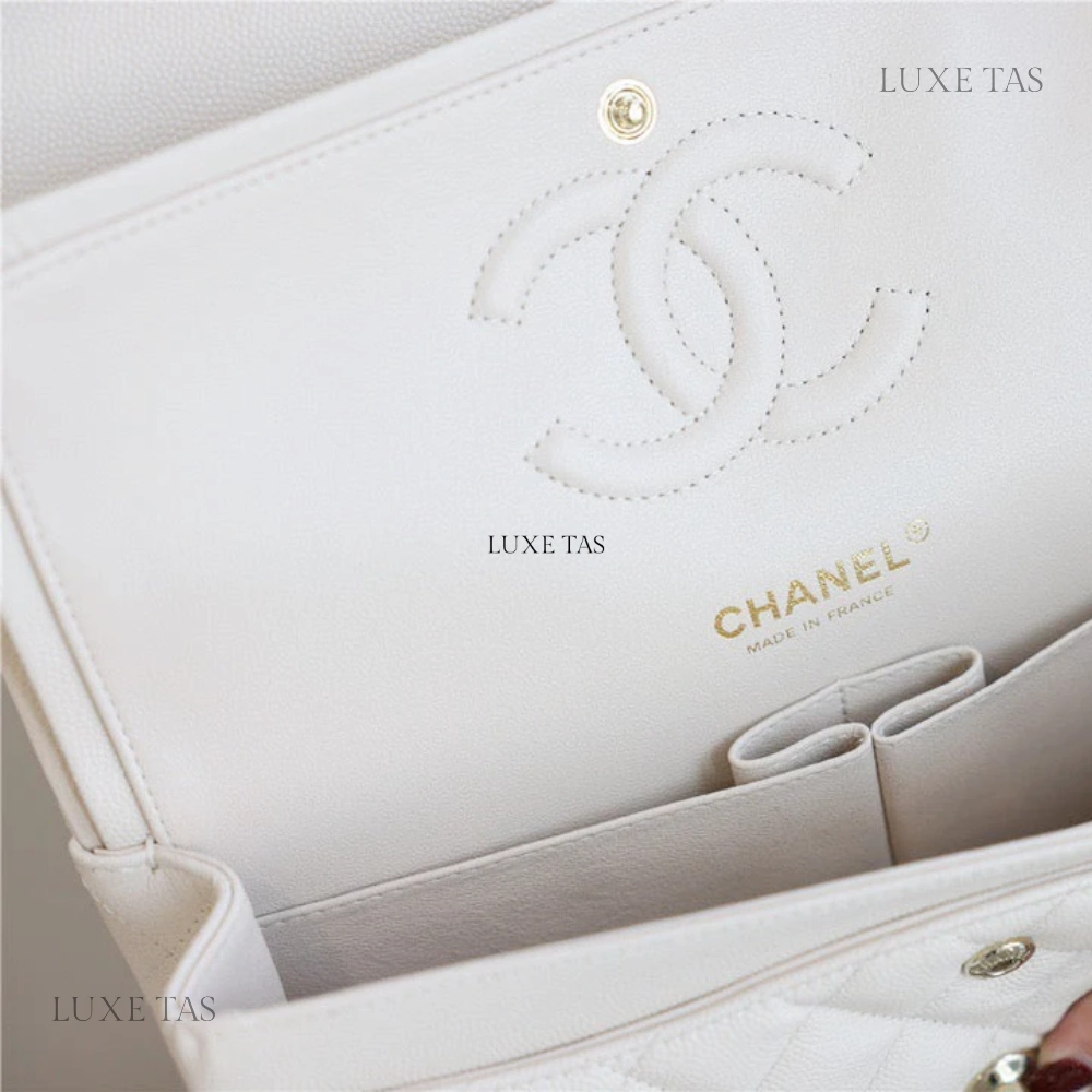White Quilted Caviar Medium Classic Double Flap Bag Silver Hardware Leather Crossbody Bag for Women