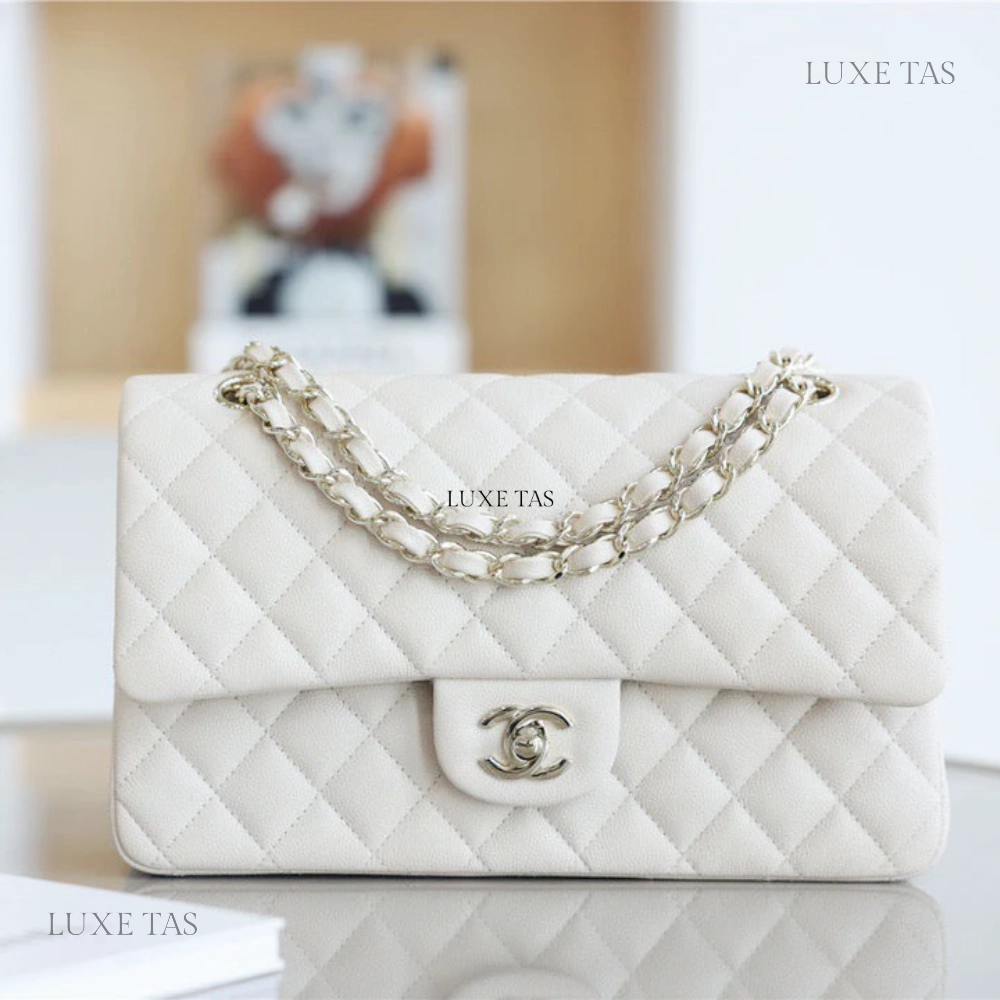 White Quilted Caviar Medium Classic Double Flap Bag Silver Hardware Leather Crossbody Bag for Women