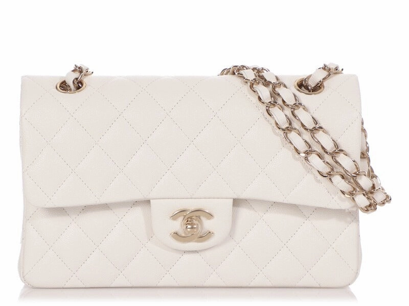 White Quilted Caviar Medium Classic Double Flap Bag Silver Hardware Leather Crossbody Bag for Women