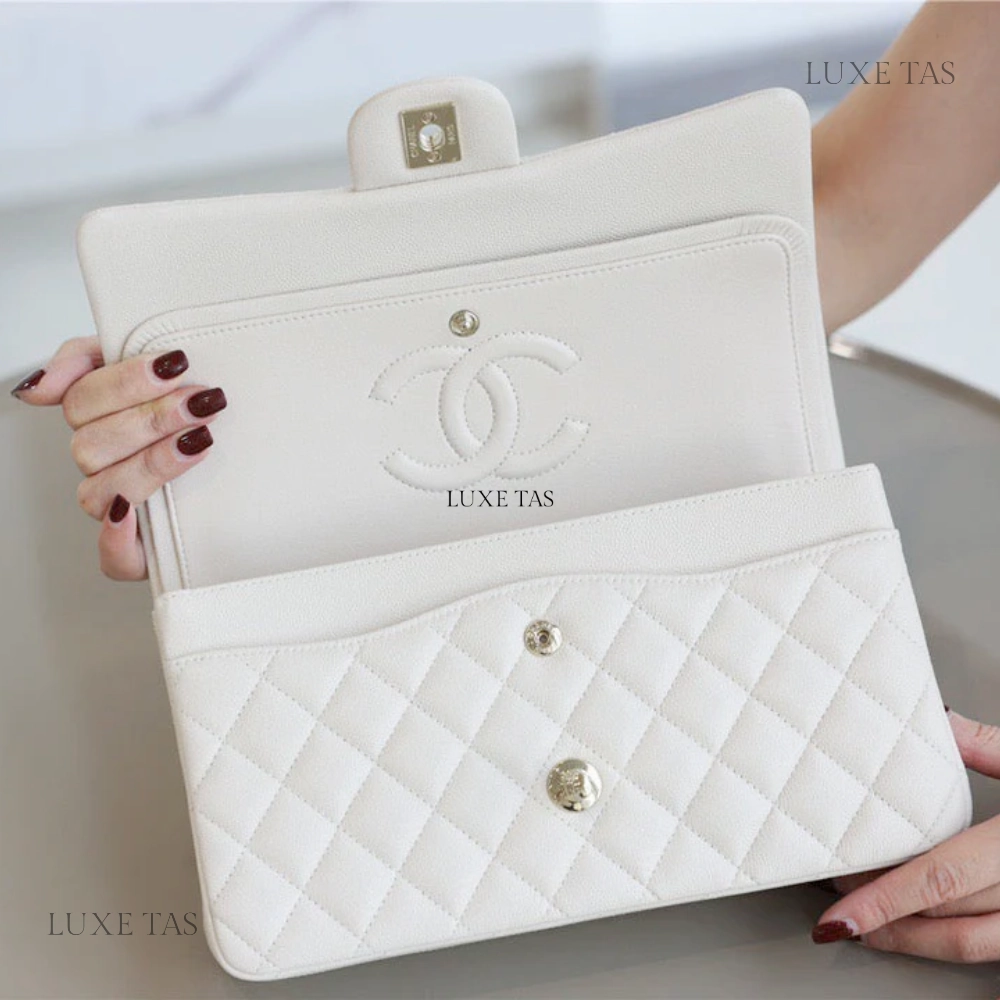 White Quilted Caviar Medium Classic Double Flap Bag Silver Hardware Leather Crossbody Bag for Women