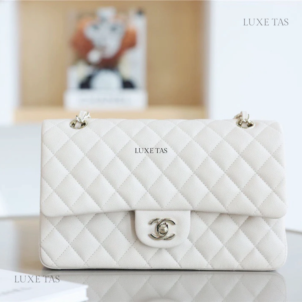 White Quilted Caviar Medium Classic Double Flap Bag Silver Hardware Leather Crossbody Bag for Women