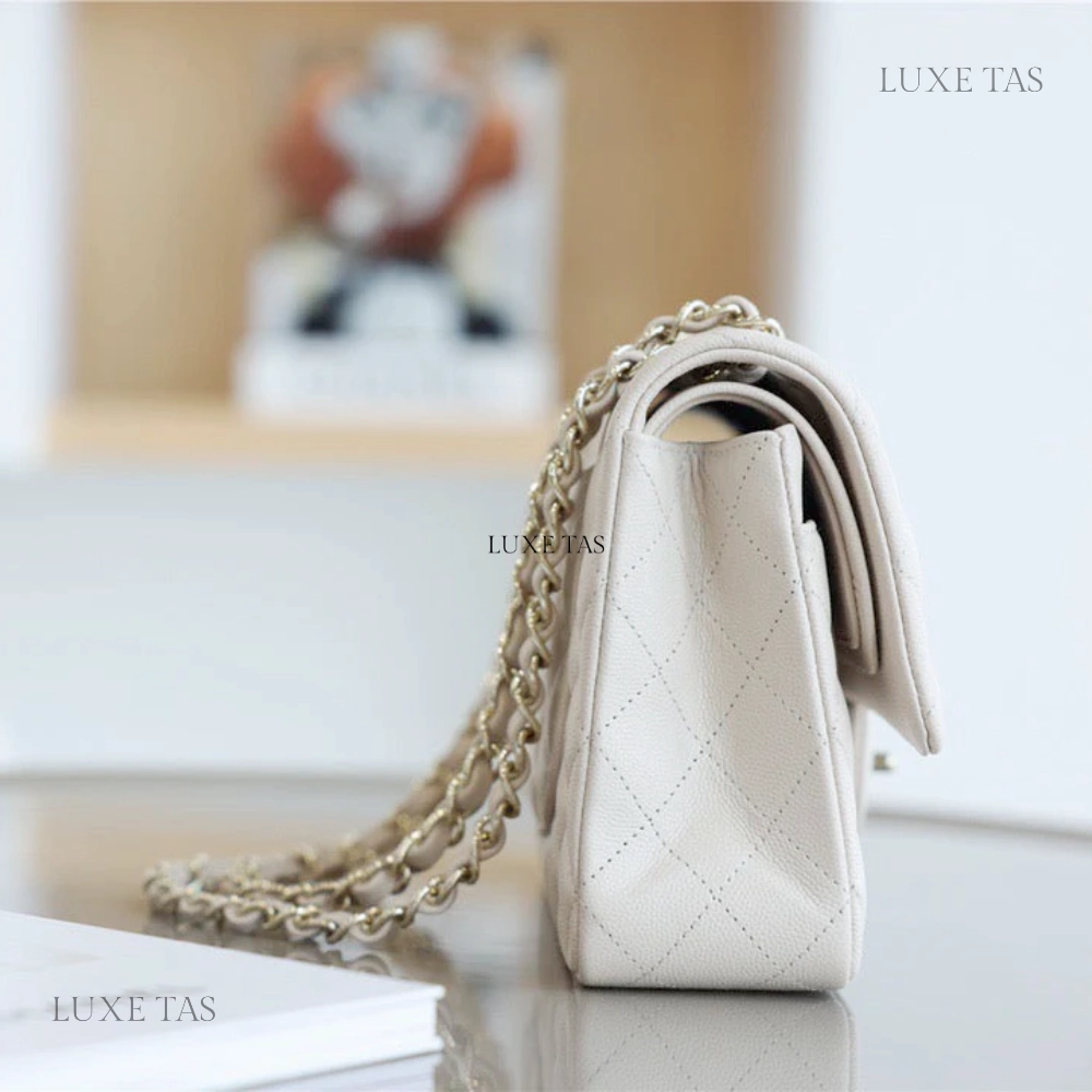 White Quilted Caviar Medium Classic Double Flap Bag Silver Hardware Leather Crossbody Bag for Women