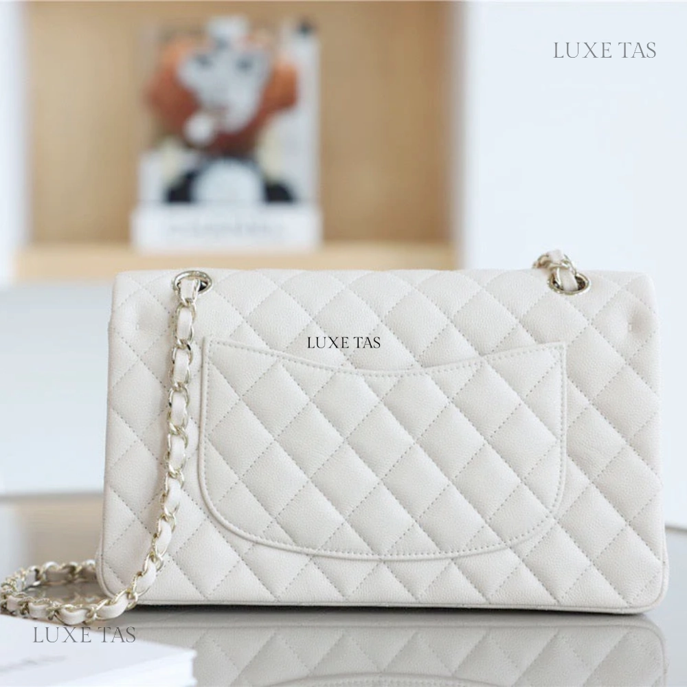 White Quilted Caviar Medium Classic Double Flap Bag Silver Hardware Leather Crossbody Bag for Women